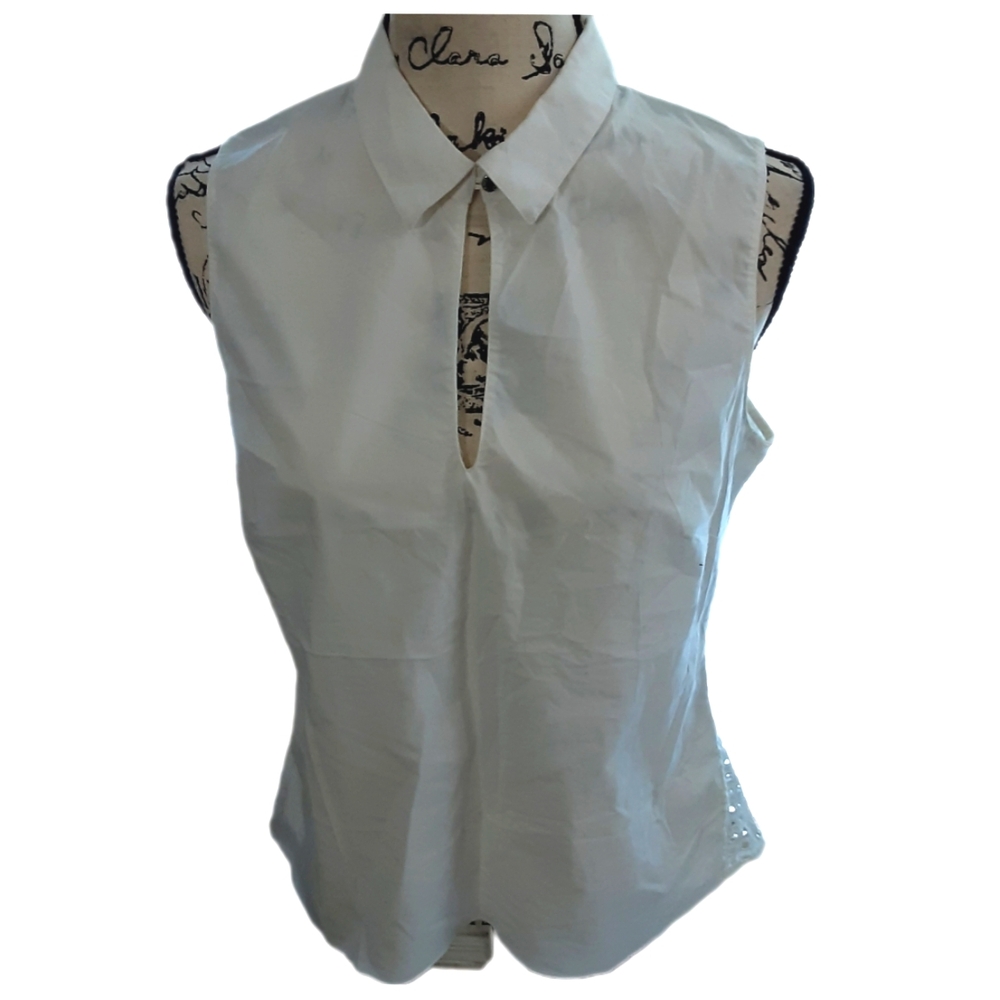 NEW ELLEN TRACY SLEEVELESS TOP KEYHOLE W/CLASP OR V-NECK WHITE SZ M REAR LATTICE